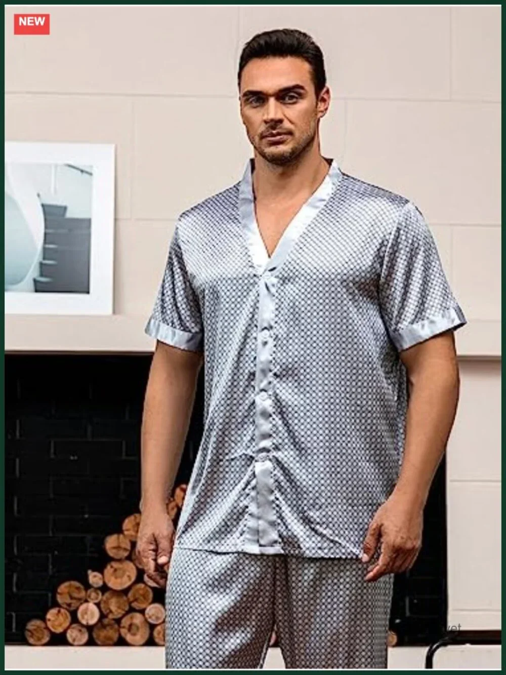 Men's 2-Piece Geo Print Satin Pajama Set Short Sleeve Button Down Sleepshirt